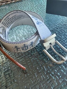 Canvas Golf  Men's Belt in Light Blue and Cream with Silver Buckle